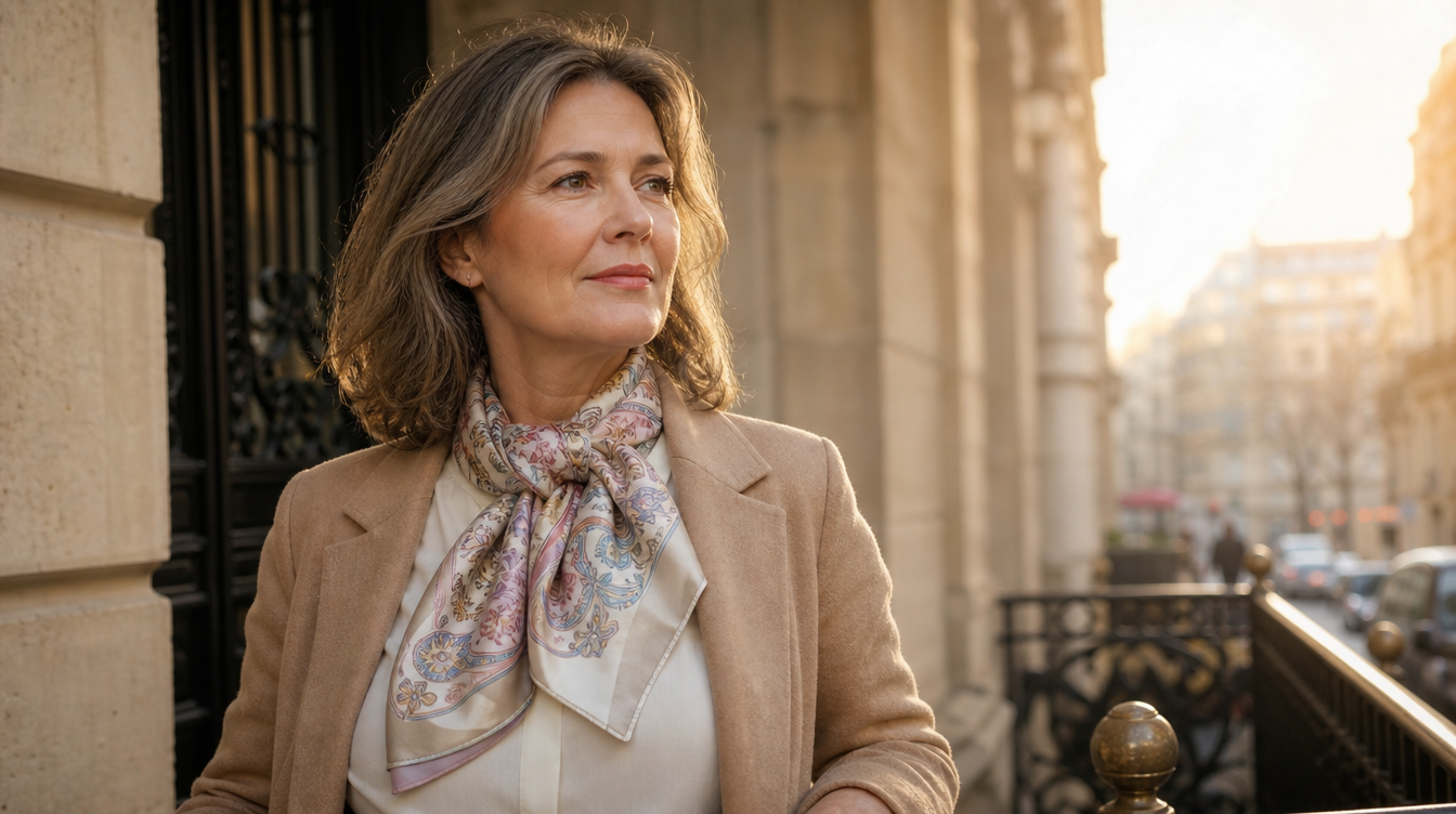 Femme élégante portant un foulard Roselys Paris dans une rue parisienne