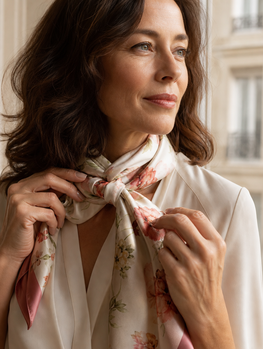 Femme ajustant son foulard satiné Roselys Paris