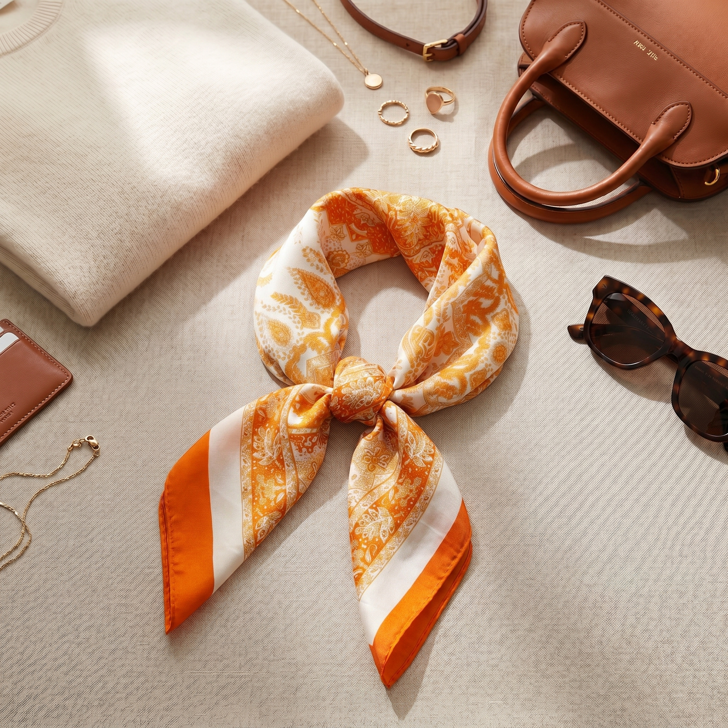 Carré de Soie Foulard Femme 70x70 Baroque Soie Cheveux Satin — Or & Crème Arabesques Ornementales | Roselys