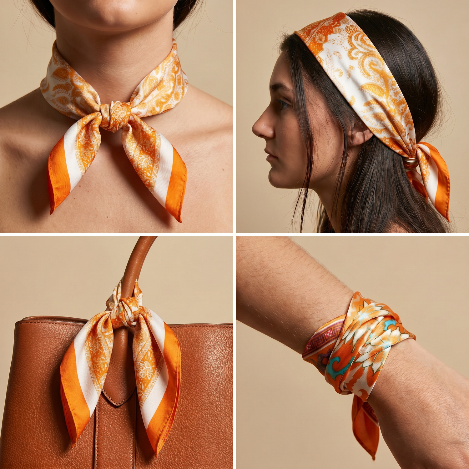 Carré de Soie Foulard Femme 70x70 Baroque Soie Cheveux Satin — Or & Crème Arabesques Ornementales | Roselys