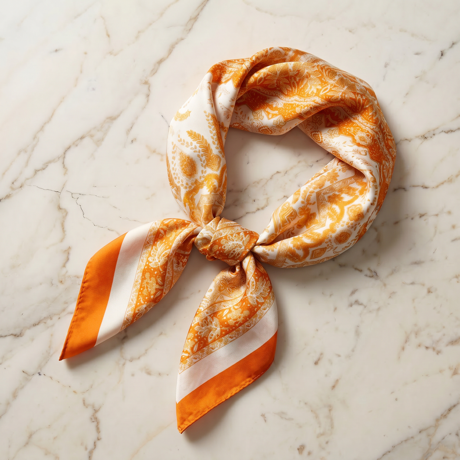 Carré de Soie Foulard Femme 70x70 Baroque Soie Cheveux Satin — Or & Crème Arabesques Ornementales | Roselys