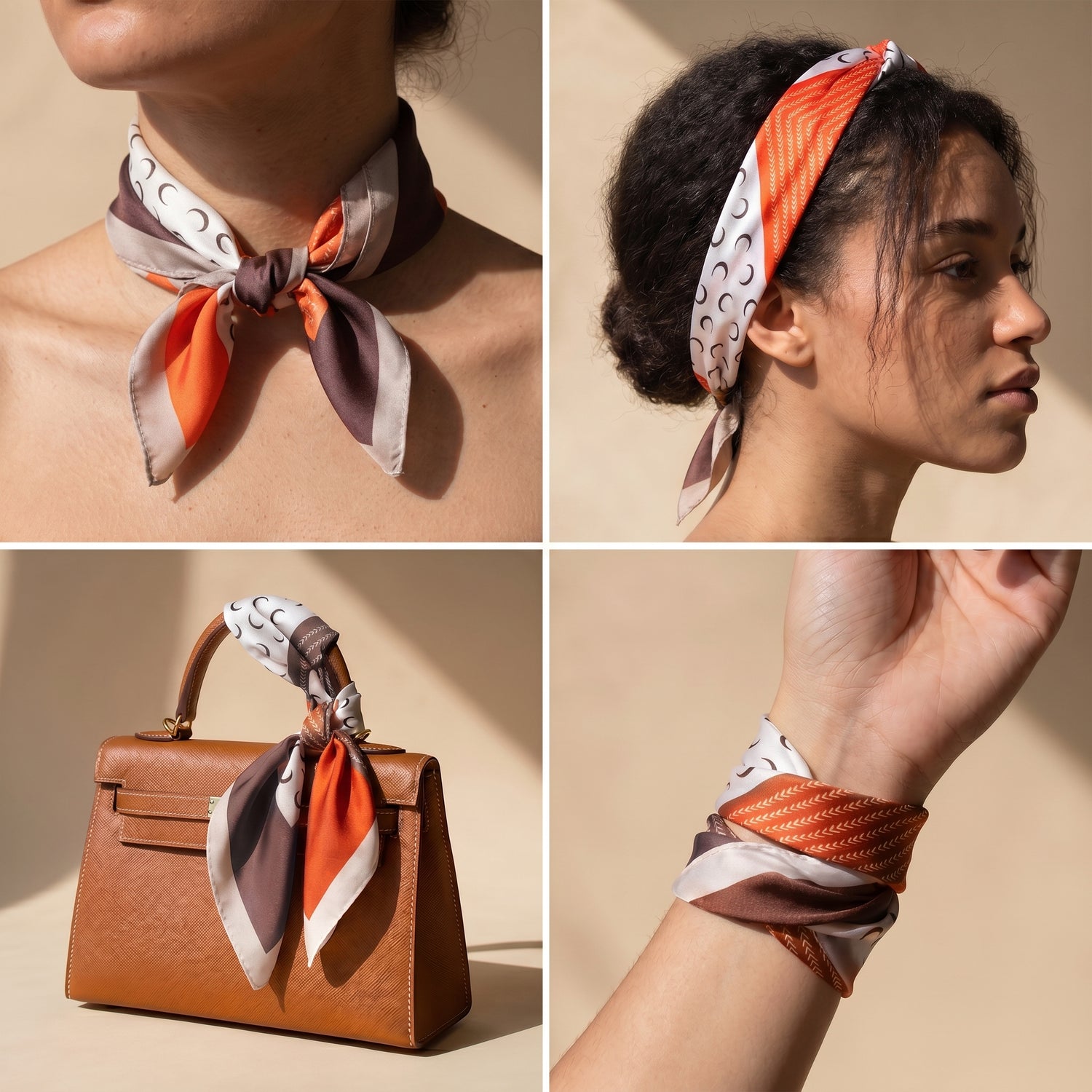Carré de Soie Foulard Femme 70x70 Géométrique Soie Cheveux Satin — Corail & Marine Croissants Lune | Roselys